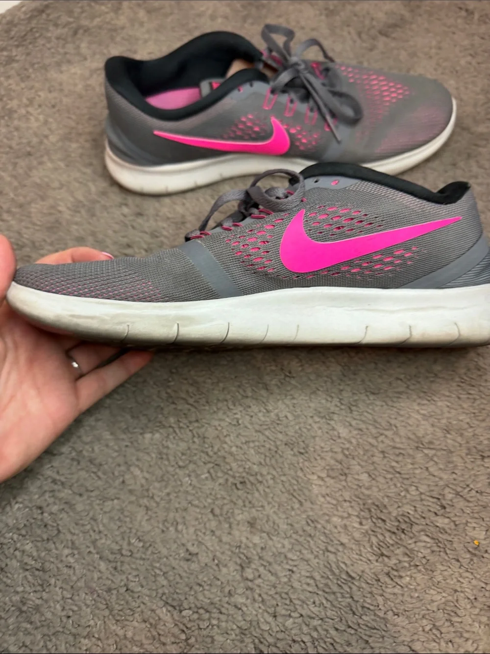 Nike Gray Athletic Sneakers with Pink Swoosh